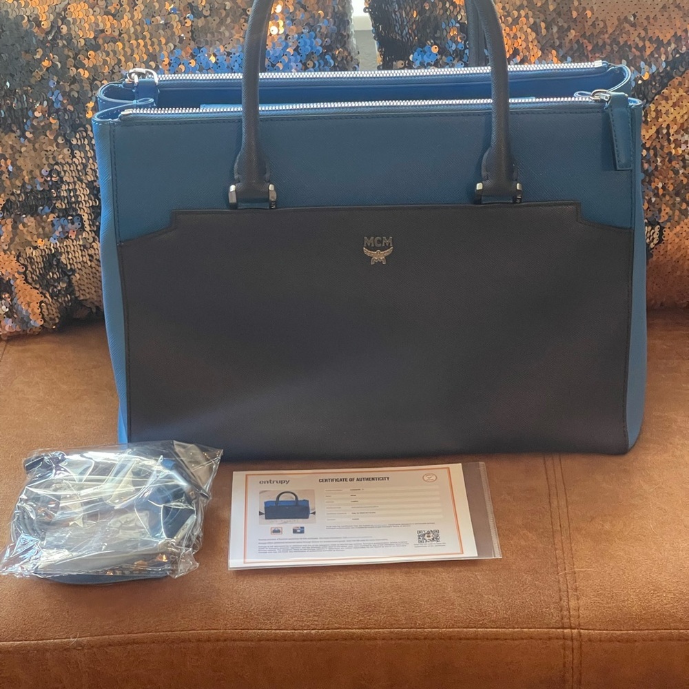 MCM Two Tone Navy and Blue Leather Tote